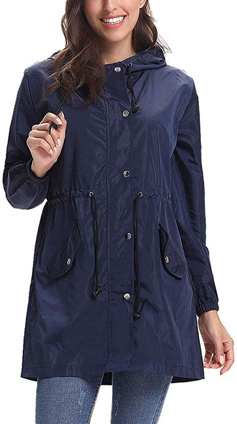 blue hooded rain jacket.